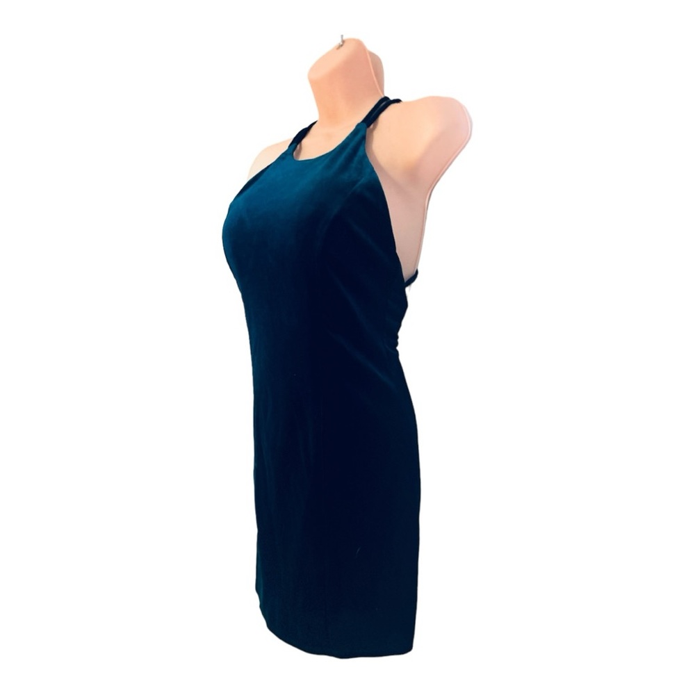 DEAR MOON Velvet Teal Blue Stretch Strappy Cocktail Party Prom Short Mini Dress - Picture 6 of 14
